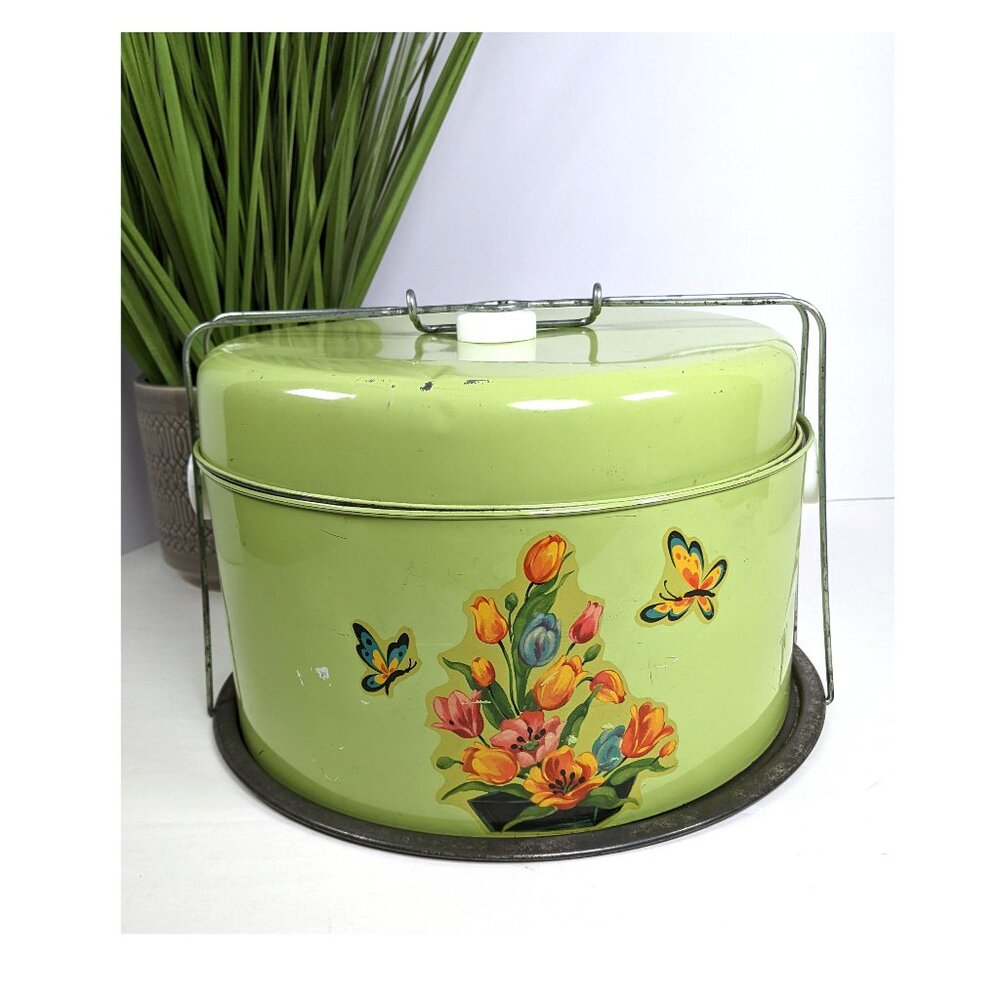 Vintage MCM Flowers Green Metal Double Decker 4 pc. Cake, Pie, Carrier Tin
